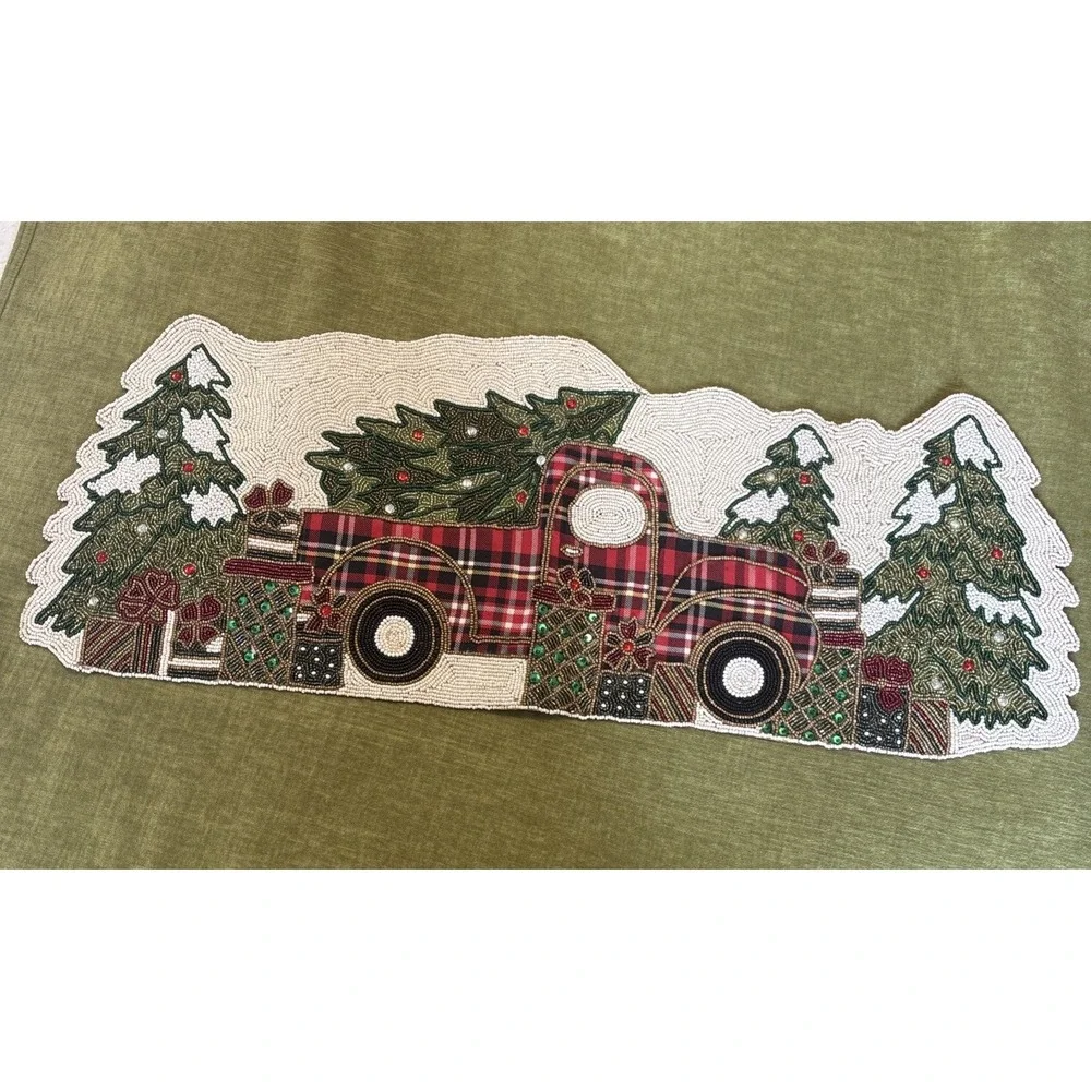 Winter Wonderland Beaded Farm Truck Table Runner Holiday Centerpiece Christmas